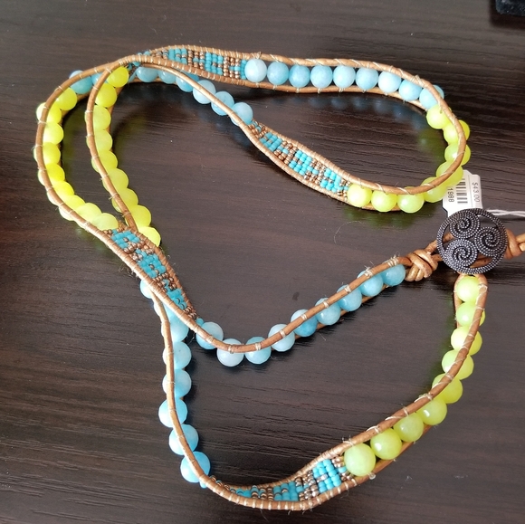 Handmade Blue Green and Copper Beaded Leather Wrap Bracelet - Picture 4 of 4